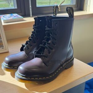Dr. Martens Maroon Leather Lace-Up Boots with Yellow Stitching